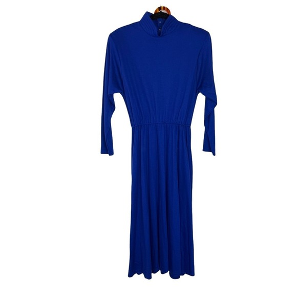 Vintage blue mock neck belted midi dress long sleeve cobalt blue electric size M - Picture 2 of 6